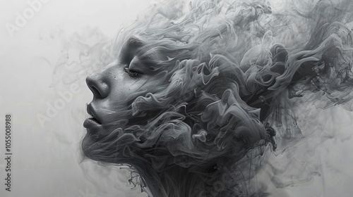 Abstract Smoke and Woman Face Portrait Artistic Monochrome Surreal Design