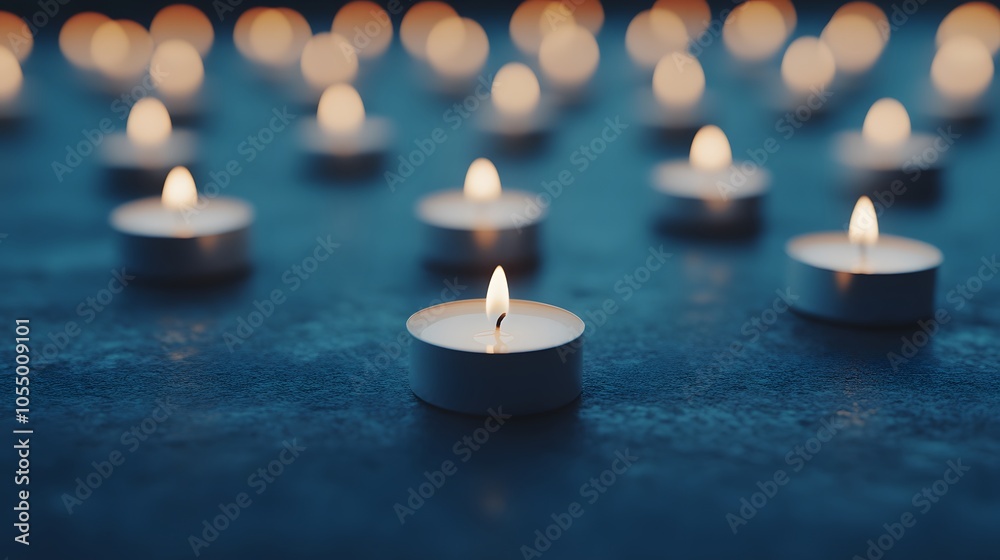 A serene arrangement of lit tea candles on a smooth surface, casting a warm glow, creating a peaceful and calming atmosphere. A serene arrangement of lit tea candles on a smooth surface, casting a warm glow, creating a peaceful and calming atmosphere.