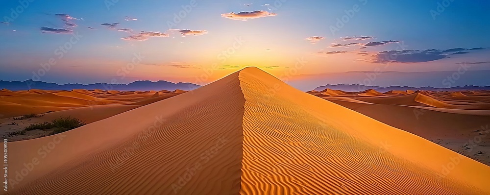 Stunning view of a desert dune at sunset, showcasing intricate sand patterns and a vibrant sky, creating a serene and picturesque landscape.