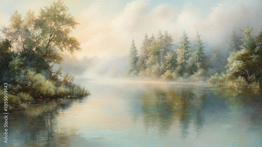 A peaceful river shrouded in morning mist, with reflections of trees on the water A peaceful river shrouded in morning mist, with reflections of trees on the water