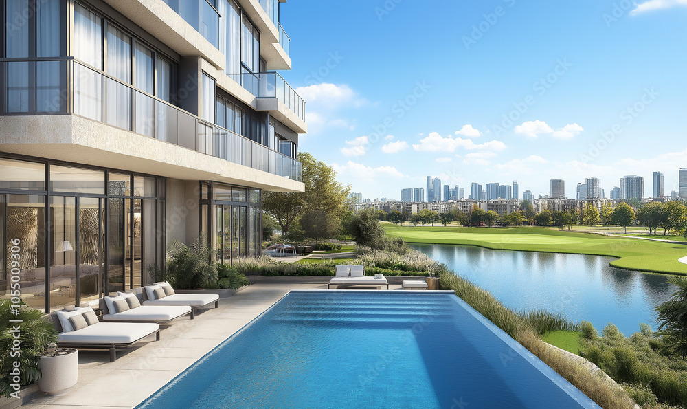 Obraz premium A modern villa with an infinity pool, overlooking the golf course and trees, showcasing clean lines, white walls, large windows, concrete accents, greenery on one side of the swimming pool