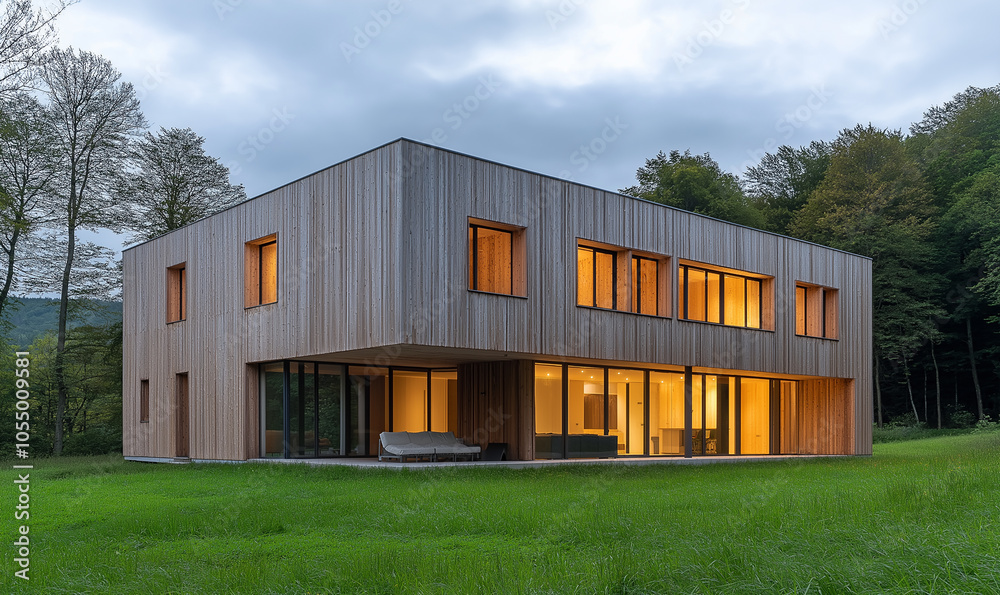 A modern two-story house with horizontal wood cladding, white walls, and large windows stands on the green grass near a forest. The building is illuminated by natural light from behind A modern two-story house with horizontal wood cladding, white walls, and large windows stands on the green grass near a forest. The building is illuminated by natural light from behind