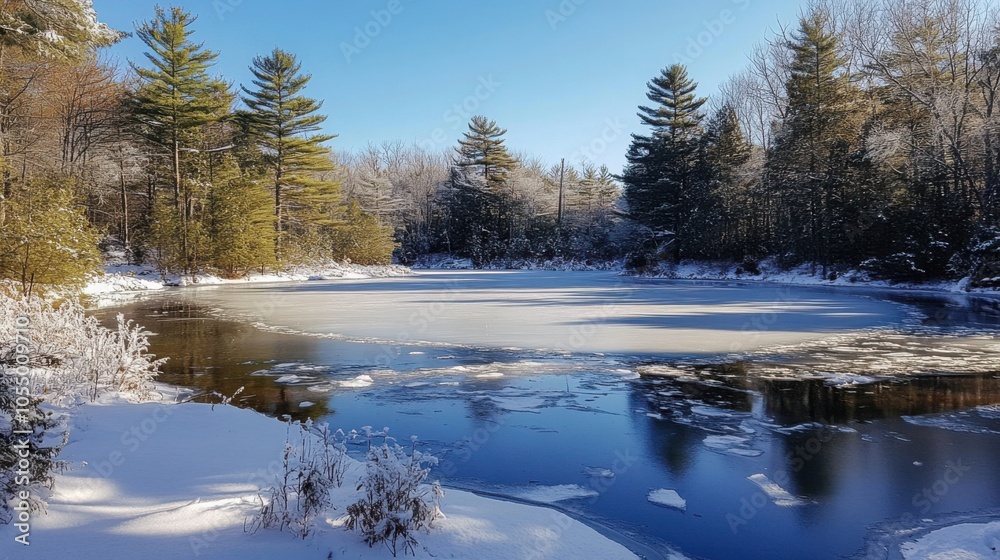 A snow-covered lake with clear ice, cracks running through the surface A snow-covered lake with clear ice, cracks running through the surface