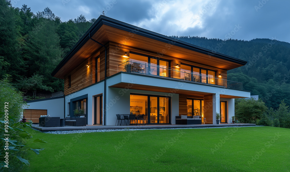 A modern two-story house with horizontal wood cladding, white walls, and large windows stands on the green grass near a forest. The building is illuminated by natural light from behind A modern two-story house with horizontal wood cladding, white walls, and large windows stands on the green grass near a forest. The building is illuminated by natural light from behind