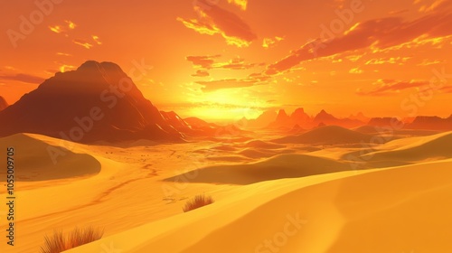 A vast desert landscape at sunset, with golden sands stretching into the horizon