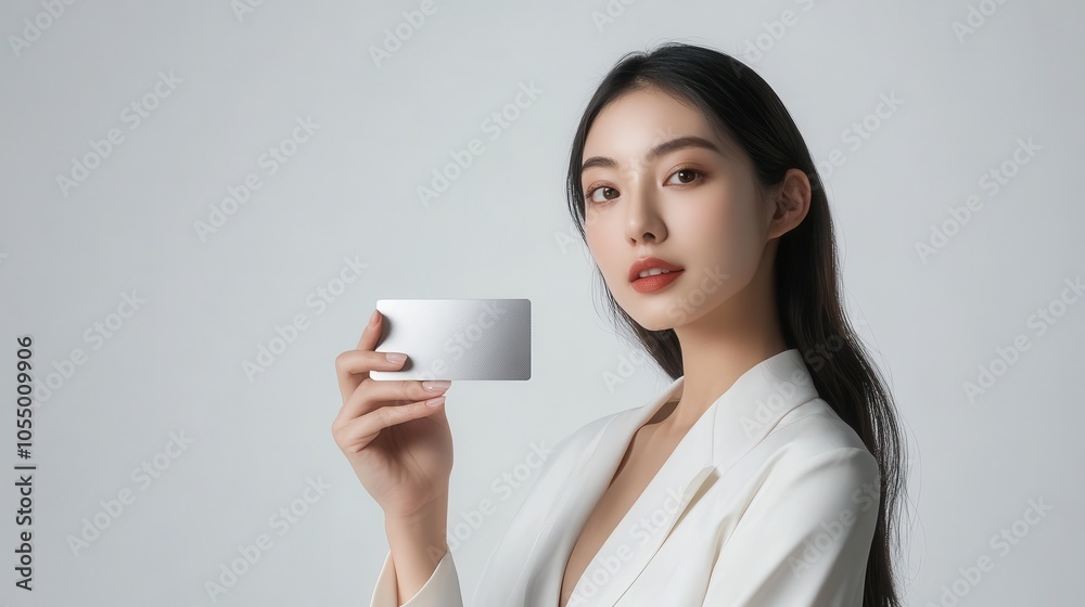 A professional Asian woman presents a sleek silver credit card mockup in soft natural light A professional Asian woman presents a sleek silver credit card mockup in soft natural light