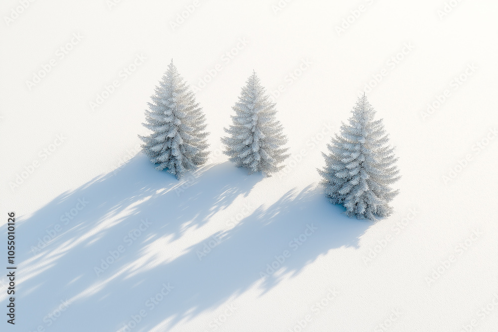 Obraz premium A minimalist aerial view of snow-covered pine trees on the right side, casting long shadows in a pristine white winter landscape