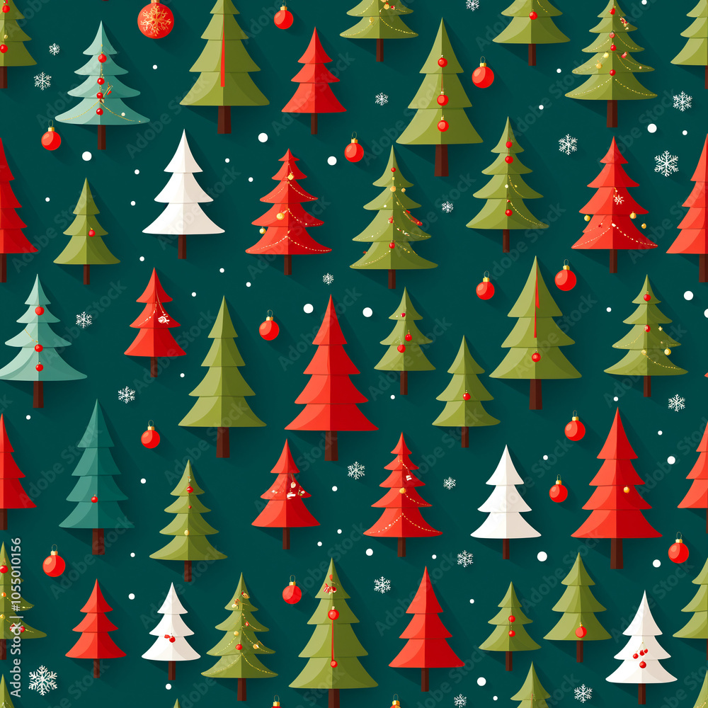 A pattern of christmas trees with red and green ornaments.