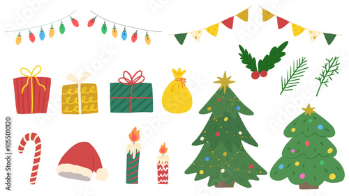 Colorful Christmas and party themed decorations, cute hand drawn illustration set / クリスマスとパーティをイメージしたカラフルな装飾、かわいい手描きのイラストセット