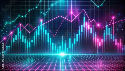 Digital Landscape of Neon Financial Charts, Illuminated by Bright Glows