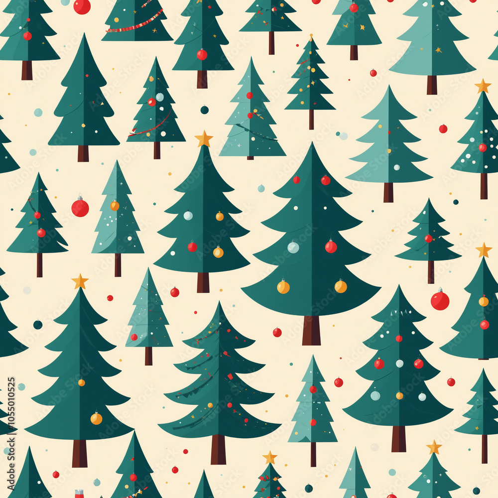 A pattern of green trees with red and gold ornaments. A pattern of green trees with red and gold ornaments.
