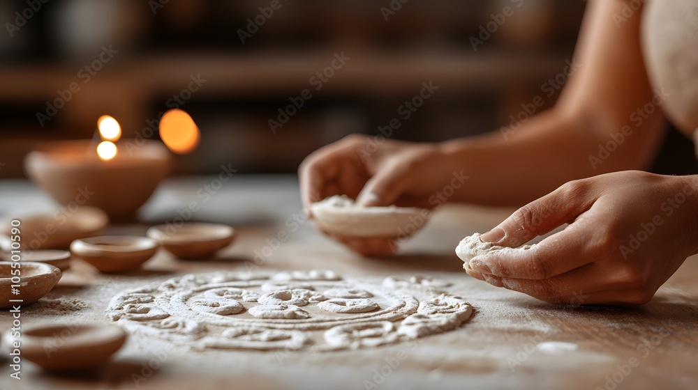 A person crafts intricate designs using flour, surrounded by traditional bowls and soft candlelight, creating a serene atmosphere for artistry and ritual. A person crafts intricate designs using flour, surrounded by traditional bowls and soft candlelight, creating a serene atmosphere for artistry and ritual.