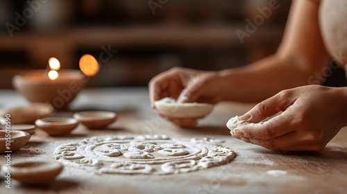 A person crafts intricate designs using flour, surrounded by traditional bowls and soft candlelight, creating a serene atmosphere for artistry and ritual.