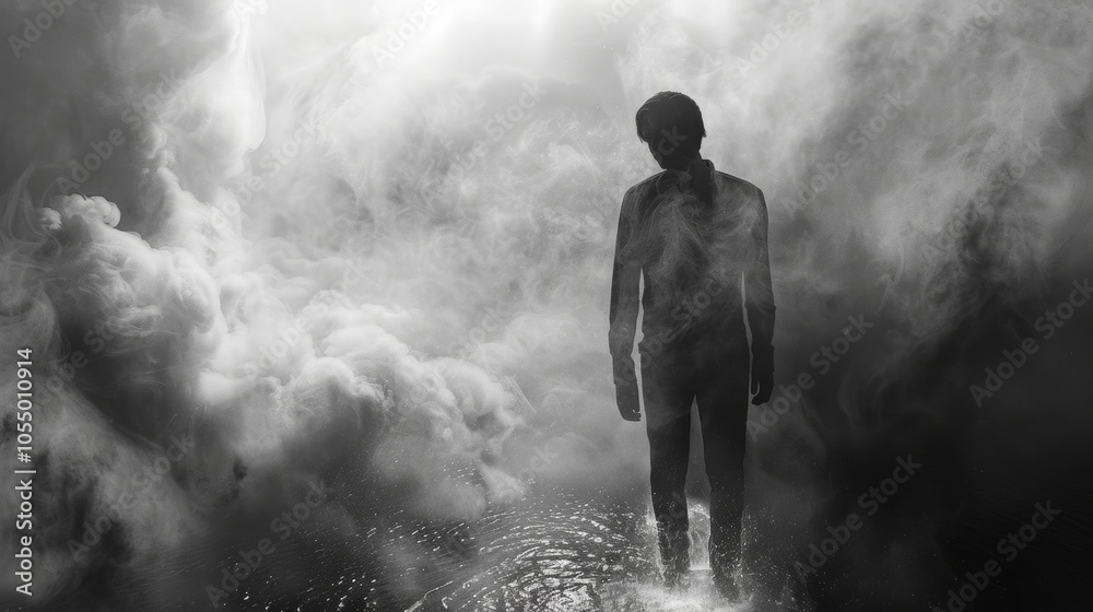 Silhouette of Man Walking Through Smoke and Water Silhouette of Man Walking Through Smoke and Water