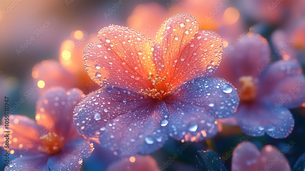 A close-up of a pink flower with dew drops on its petals. The flower is in focus and the background is blurred, creating a soft and romantic effect. A close-up of a pink flower with dew drops on its petals. The flower is in focus and the background is blurred, creating a soft and romantic effect.