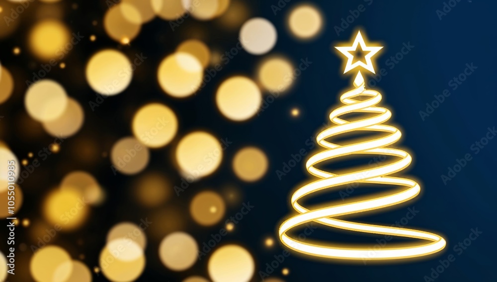 A glowing, minimalist Christmas tree made of golden light spirals upwards against dark blue background. star on top shines brightly, surrounded by soft bokeh lights. Copy space Christmas background A glowing, minimalist Christmas tree made of golden light spirals upwards against dark blue background. star on top shines brightly, surrounded by soft bokeh lights. Copy space Christmas background