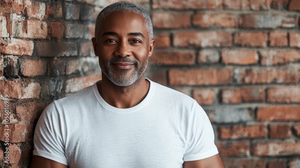 A middle-aged Black model stands against a brick wall, exuding confidence with a warm smile A middle-aged Black model stands against a brick wall, exuding confidence with a warm smile