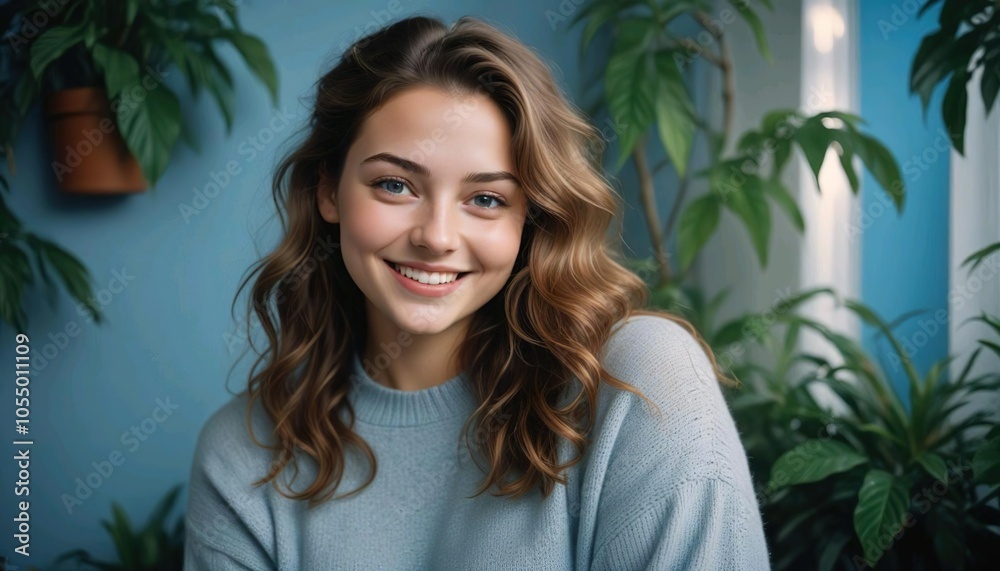 A young Caucasian fat woman oversize, with long brown wavy hair, wearing a gray sweater, smiling in a warm indoor setting, close up A young Caucasian fat woman oversize, with long brown wavy hair, wearing a gray sweater, smiling in a warm indoor setting, close up