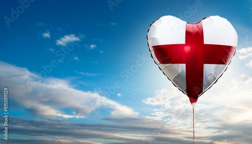 イングランドの国旗のハート型の風船と青空(England flag heart-shaped balloon and blue sky.) 