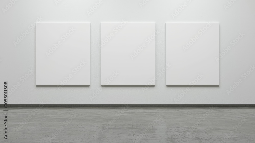 A minimalistic art installation featuring three blank canvases displayed on a plain wall in a contemporary gallery setting. A minimalistic art installation featuring three blank canvases displayed on a plain wall in a contemporary gallery setting.
