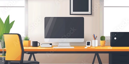 This image could be named Modern office workspace with computer desk and furniture in an empty living room setting