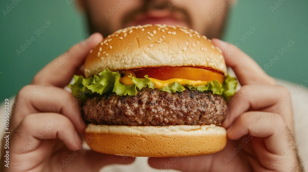 Close up Shot of Overweight Man Holding a Large Indulgent Cheeseburger in a Fast Food Restaurant Setting Concept of Unhealthy Eating Habits Excess Consumption and Lifestyle Choices Close up Shot of Overweight Man Holding a Large Indulgent Cheeseburger in a Fast Food Restaurant Setting Concept of Unhealthy Eating Habits Excess Consumption and Lifestyle Choices