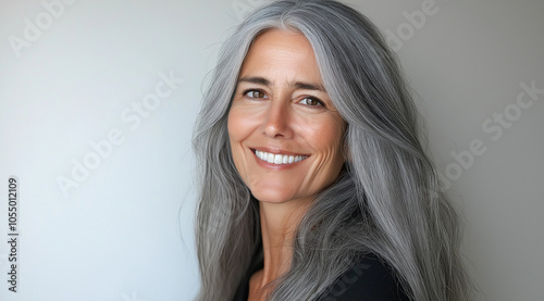 Portrait of an elegant senior woman with flowing gray hair, smiling warmly in soft, natural light, embodying timeless beauty and confidence against a simple background