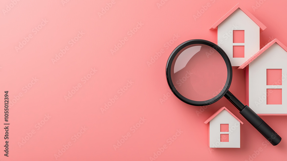 A magnifying glass is positioned over miniature houses against a pink background, symbolizing property search or real estate analysis. A magnifying glass is positioned over miniature houses against a pink background, symbolizing property search or real estate analysis.
