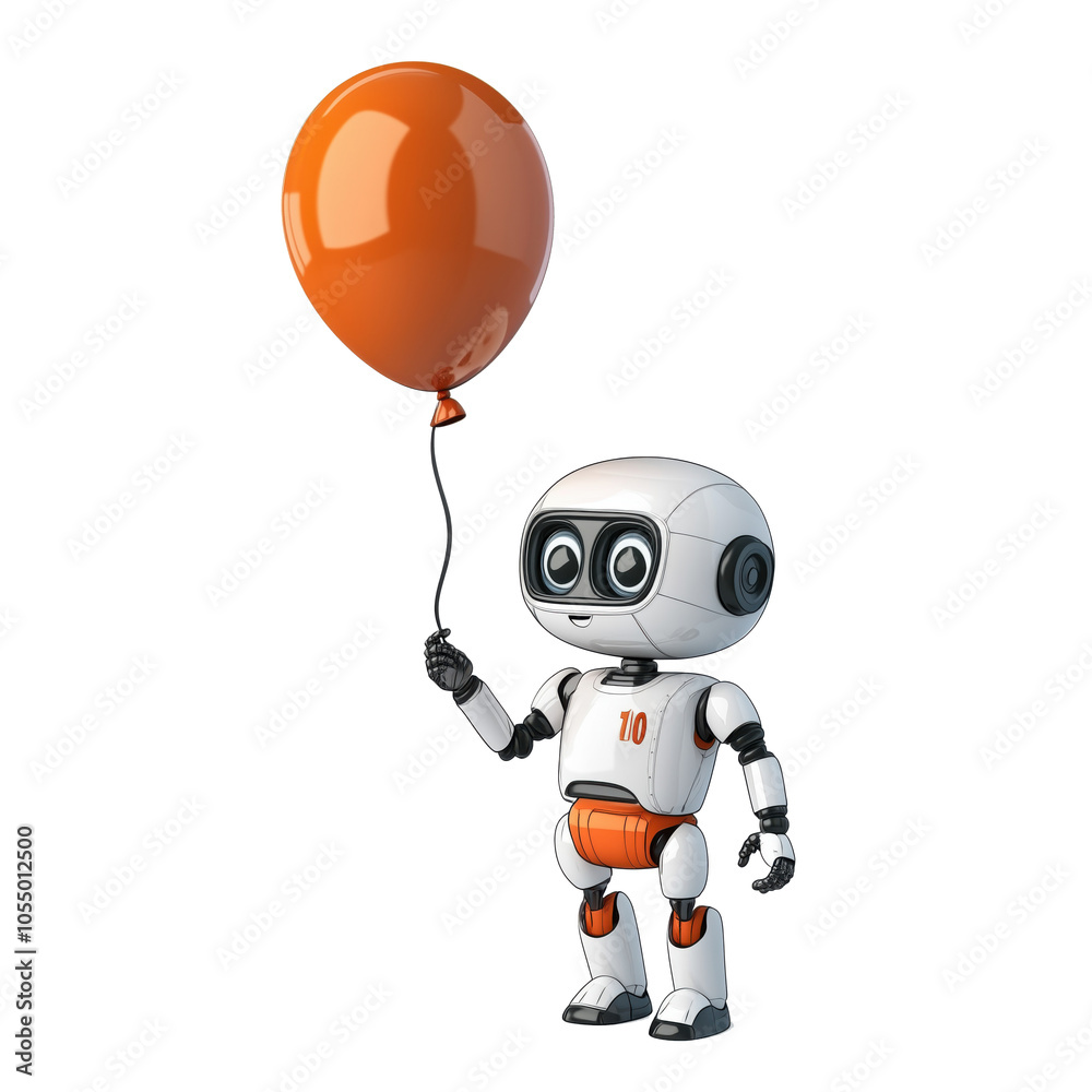 Robot holding orange balloon, cheerful expression, playful design, futuristic style, isolated on transparent background, png Robot holding orange balloon, cheerful expression, playful design, futuristic style, isolated on transparent background, png