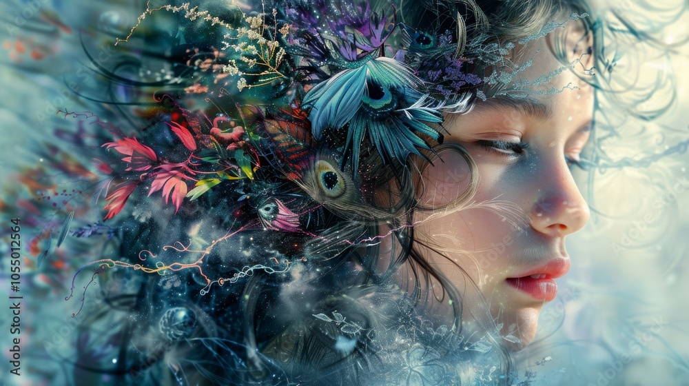 Dreamy Woman with Flowers and Feathers in Hair Abstract Fantasy Art Dreamy Woman with Flowers and Feathers in Hair Abstract Fantasy Art