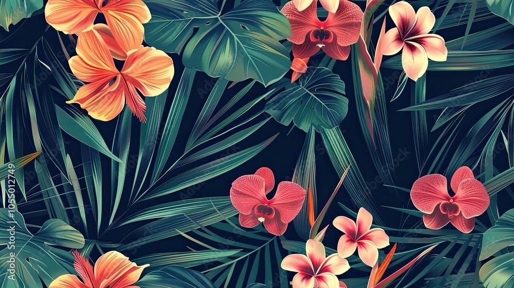 Fototapeta premium Tropical floral seamless pattern background with exotic flowers, palm leaves