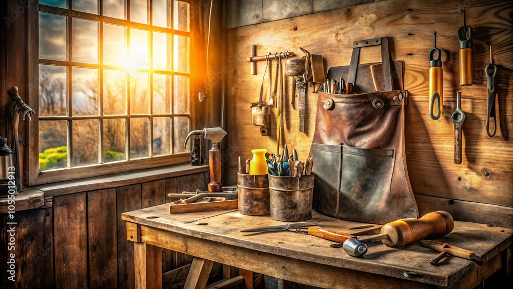 A Rustic Workshop Bathed in Warm Sunlight, with a Wooden Workbench, Leather Tools, and a Window Offering a View of a Lush Green Landscape A Rustic Workshop Bathed in Warm Sunlight, with a Wooden Workbench, Leather Tools, and a Window Offering a View of a Lush Green Landscape