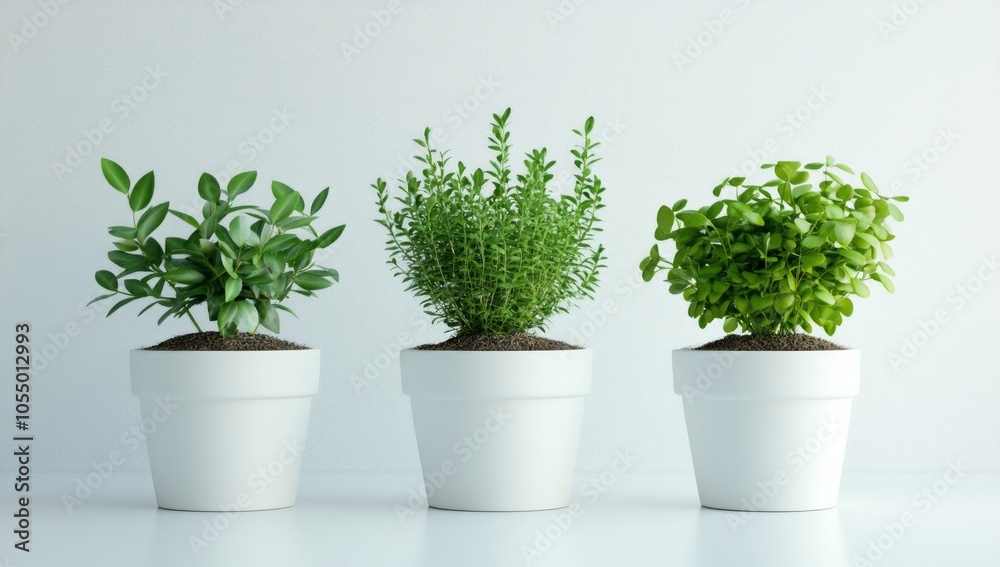 Three Potted Herbs in White Pots Three Potted Herbs in White Pots
