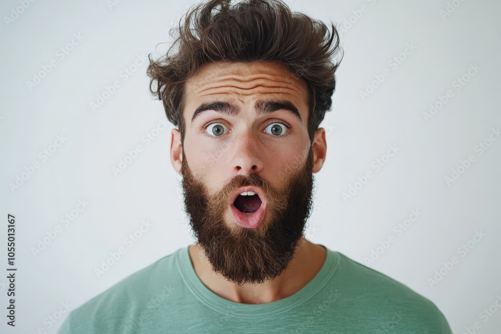 An expressive, bearded man with green shirt and raised eyebrows displays an astonished look, embodying surprise and curiosity within a plain, white setting. An expressive, bearded man with green shirt and raised eyebrows displays an astonished look, embodying surprise and curiosity within a plain, white setting.