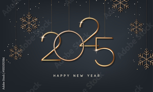 2025 Happy new year banner with hanging golden numbers and snowflakes. Vector illustration