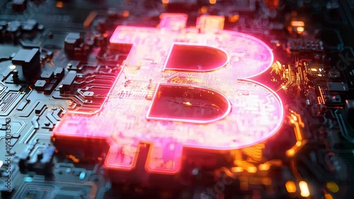 A close-up of a Bitcoin symbol with neon pink and yellow highlights, set against a dark background. The neon lights and surrounding circuitry emphasize the futuristic and digital nature of cryptocurre photo