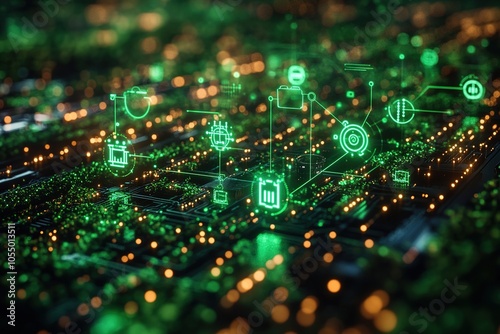 Abstract digital network with green icons on a circuit board.