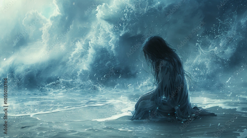 Woman Kneeling on Beach During Storm Dramatic Sky Ocean Waves Woman Kneeling on Beach During Storm Dramatic Sky Ocean Waves
