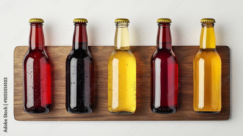 Five colorful beverage bottles displayed on a wooden tray, showcasing a variety of drinks, including beers and sodas. Five colorful beverage bottles displayed on a wooden tray, showcasing a variety of drinks, including beers and sodas.
