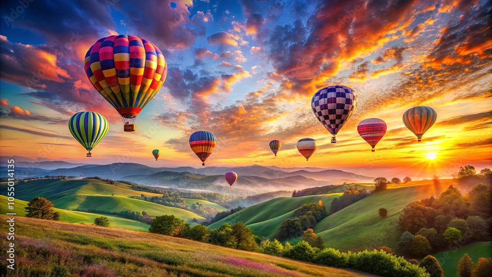 Obraz premium A symphony of colors fills the sky as hot air balloons gracefully navigate a panorama of rolling green hills, bathed in the warm glow of a vibrant sunrise.