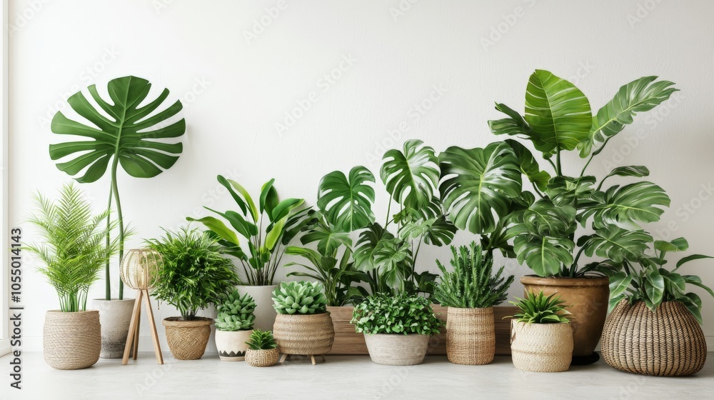 Fototapeta premium A serene display of various indoor plants in decorative pots, enhancing the natural beauty of the space.