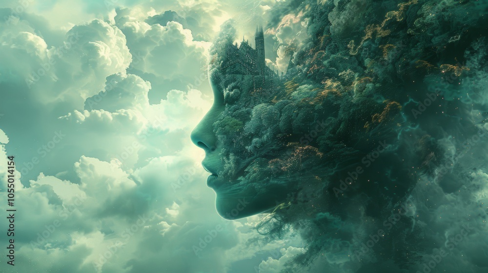 Dreamy Abstract Portrait with Castle Trees and Clouds Dreamy Abstract Portrait with Castle Trees and Clouds