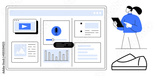 Various widgets on a screen include video, microphone, and chart, while a person stands with a tablet. Ideal for digital content creation, project management, analytics, web development, software UI