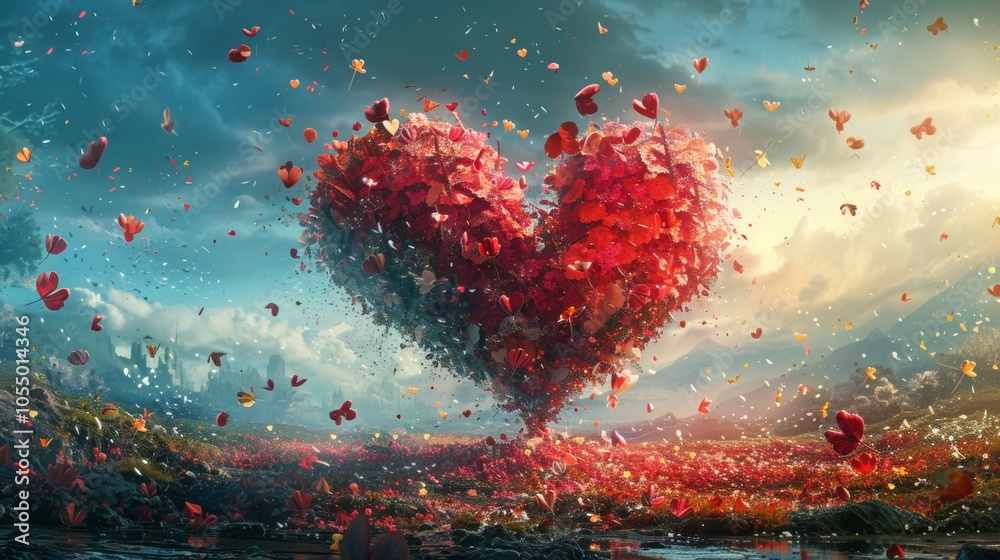 Heart shaped tree with falling leaves and a magical sky Heart shaped tree with falling leaves and a magical sky