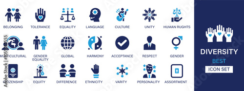 Diversity best solid icon set collection. Belonging, tolerance, equality, language, culture, unity, gender equality, global, harmony, gender and vector illustration. 