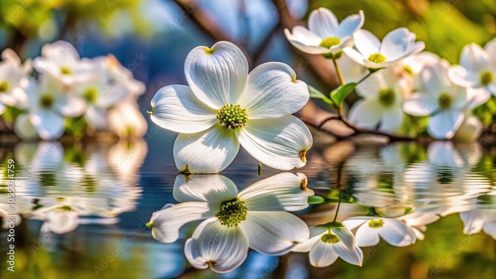 Fototapeta premium White dogwood shrub blooming in afternoon sunlight, reflected