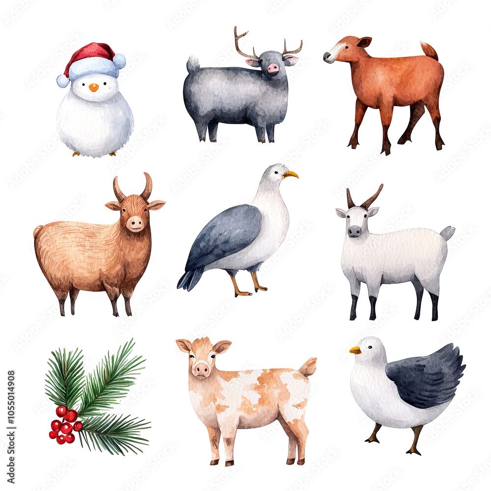 Naklejka premium Colorful animals and winter elements on a white isolate background.