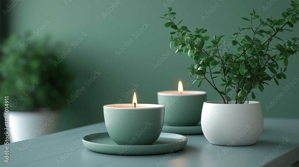 A serene ambiance featuring two lit candles and a vibrant green plant against a calm, green backdrop, perfect for relaxation and home decor. A serene ambiance featuring two lit candles and a vibrant green plant against a calm, green backdrop, perfect for relaxation and home decor.