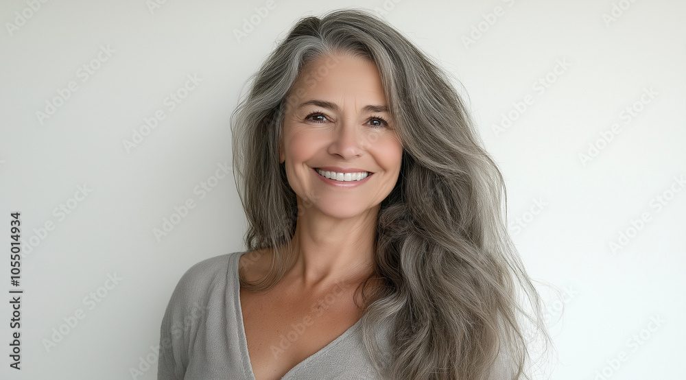 Portrait of an elegant senior woman with flowing gray hair, smiling warmly in soft, natural light, embodying timeless beauty and confidence against a simple background Portrait of an elegant senior woman with flowing gray hair, smiling warmly in soft, natural light, embodying timeless beauty and confidence against a simple background