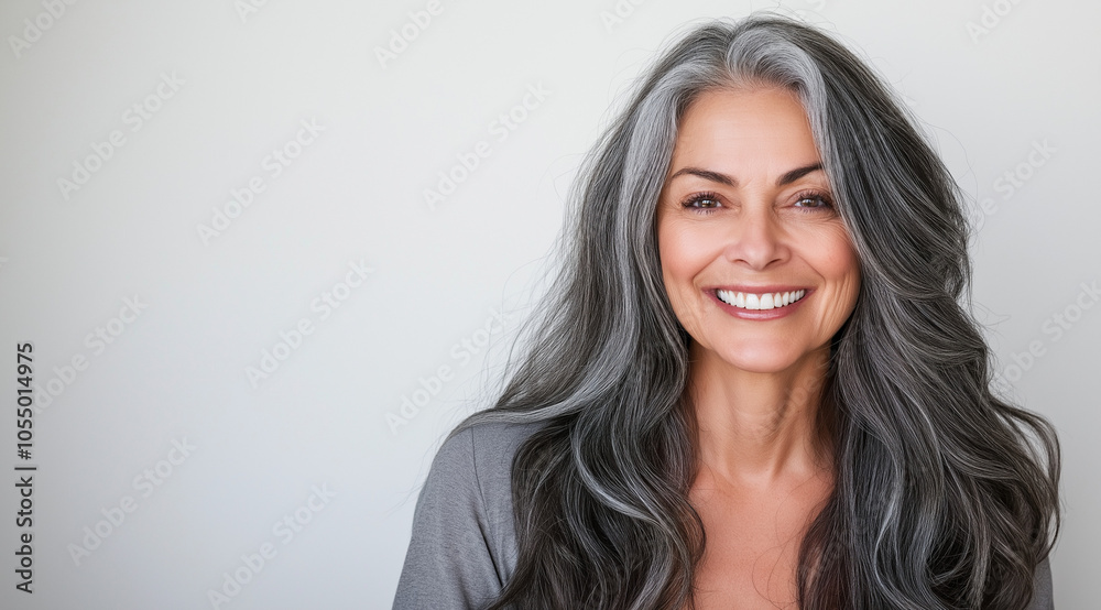 Naklejka premium Portrait of an elegant senior woman with flowing gray hair, smiling warmly in soft, natural light, embodying timeless beauty and confidence against a simple background